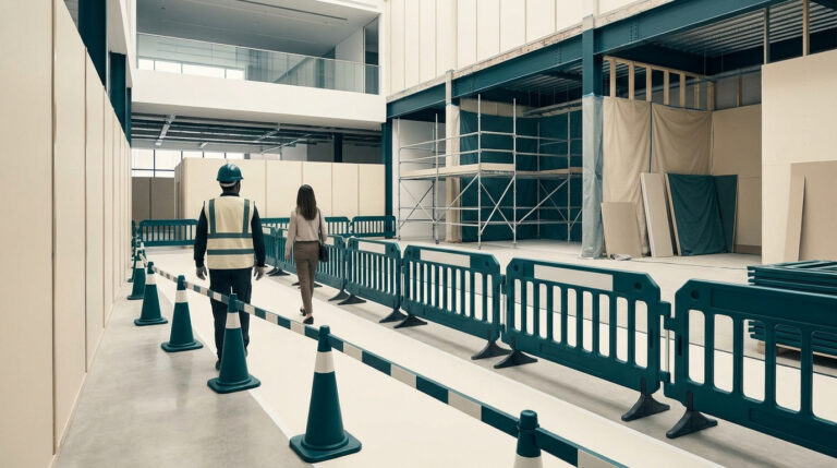 Un agent de chantier et une visiteuse marchant dans un couloir sécurisé par des barrières sur un site en travaux.