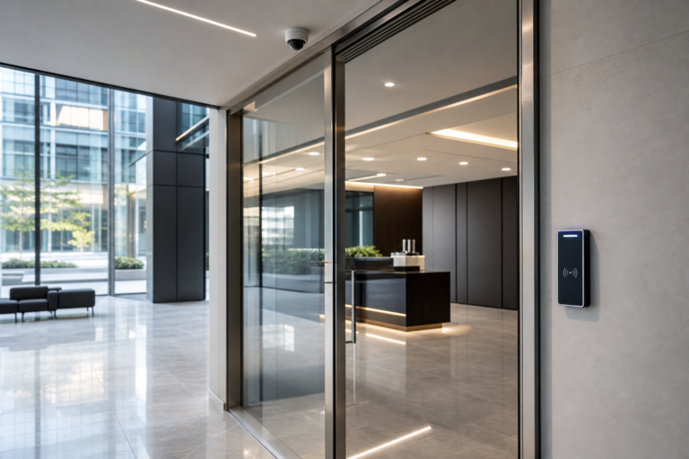 Entrée de bureaux équipée d’un contrôle d’accès discret