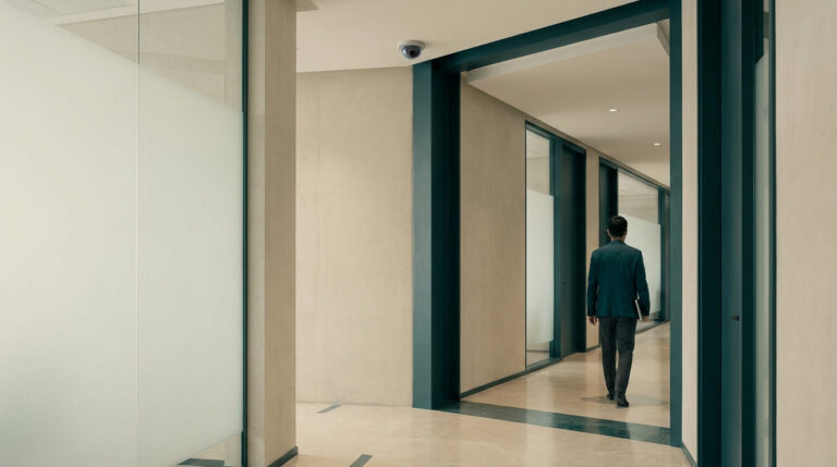 Un employé marche dans un couloir de bureau moderne sous l'objectif d'une caméra de surveillance au plafond.