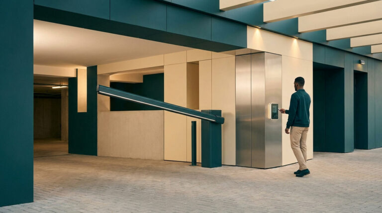 Un homme utilise un badge sur un interphone devant une barrière levante automatique à l'entrée d'un parking moderne.