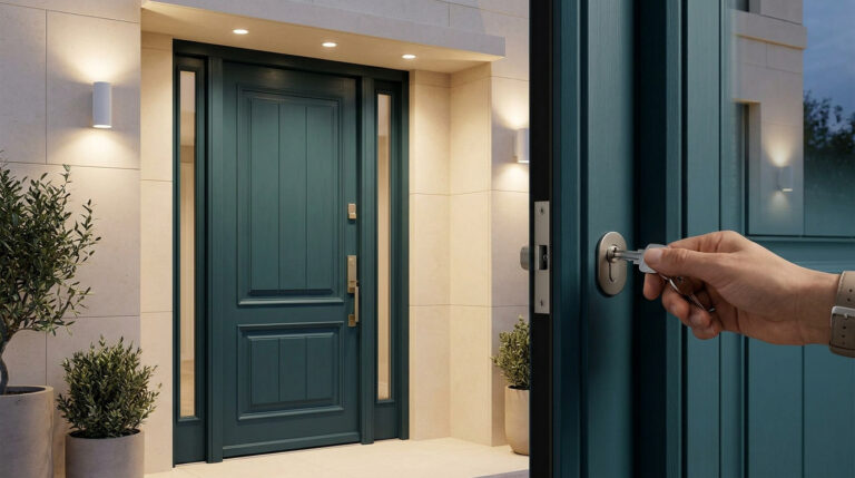 Une main insère une clé dans la serrure d'une porte d'entrée bleue élégante devant un commerce.