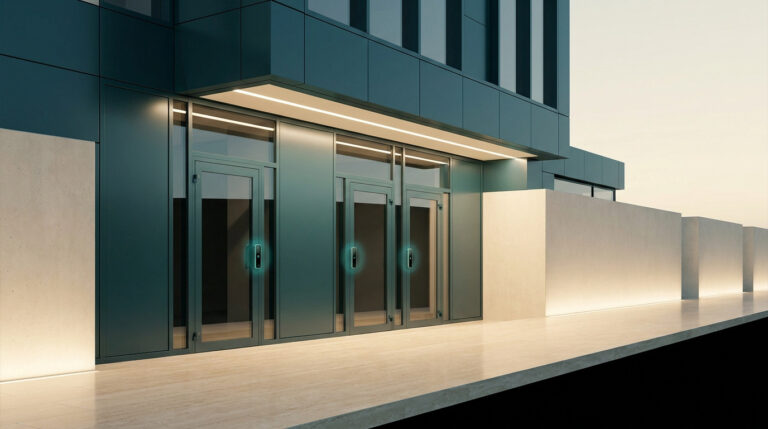 Façade d'un bâtiment moderne avec plusieurs portes vitrées équipées de lecteurs de contrôle d'accès biométriques.