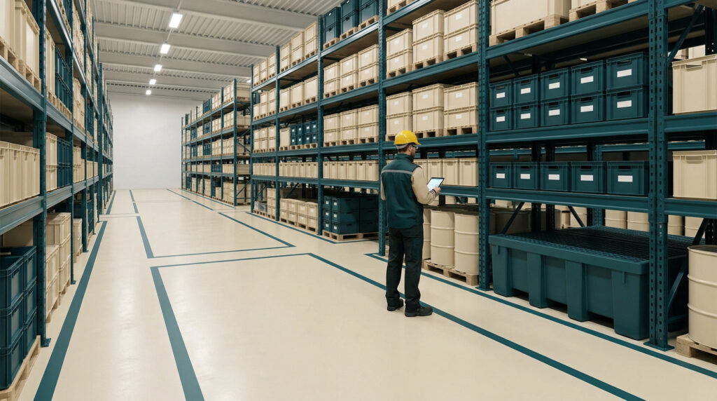 Un employé en casque de sécurité vérifie les stocks sur une tablette dans un entrepôt organisé.