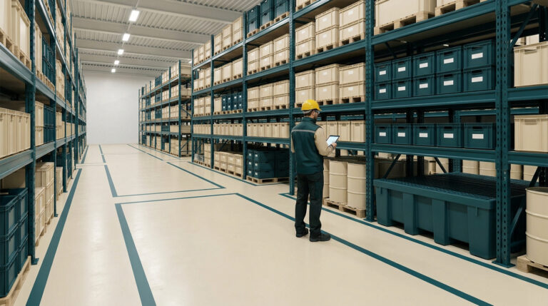 Un employé en casque de sécurité vérifie les stocks sur une tablette dans un entrepôt organisé.