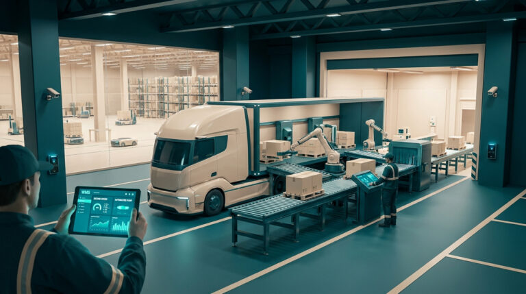 Un entrepôt automatisé où des bras robotisés chargent un camion sous la surveillance d'opérateurs équipés de tablettes.