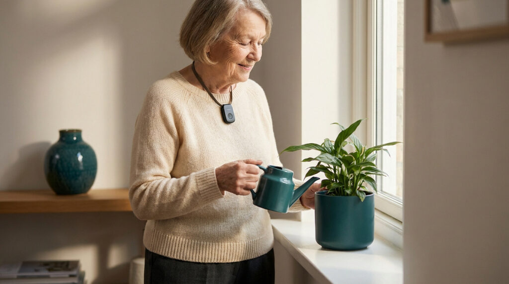 Une femme âgée souriante portant un pendentif de téléalarme arrose une plante près d'une fenêtre.