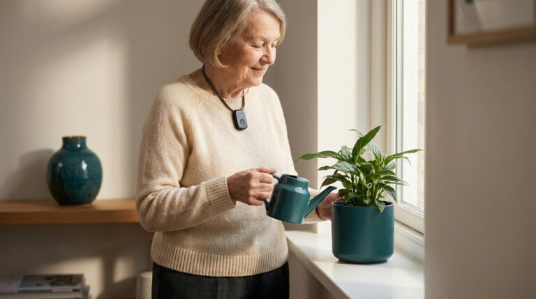 Une femme âgée souriante portant un pendentif de téléalarme arrose une plante près d'une fenêtre.