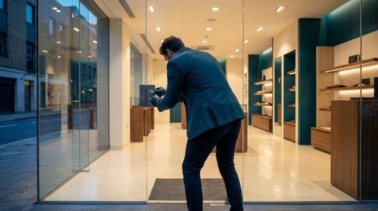 Un commerçant ferme la porte vitrée d'une boutique élégante à l'aide d'une clé.