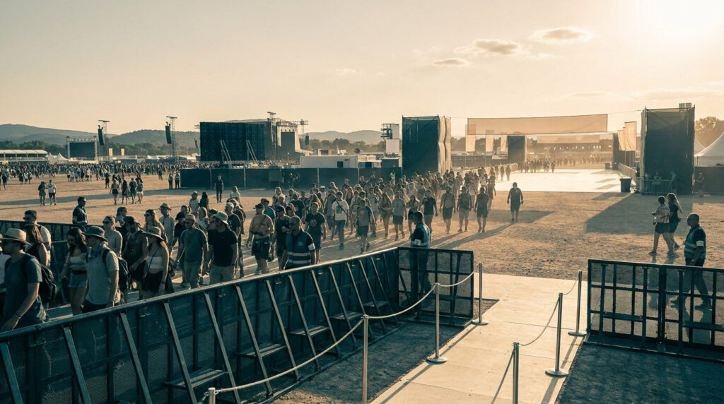 Vue d'un festival en extérieur avec une foule se déplaçant entre des barrières de sécurité sous un soleil couchant.