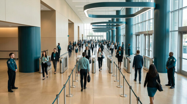 Foule de professionnels traversant les portiques de sécurité d'un centre de conférence moderne.