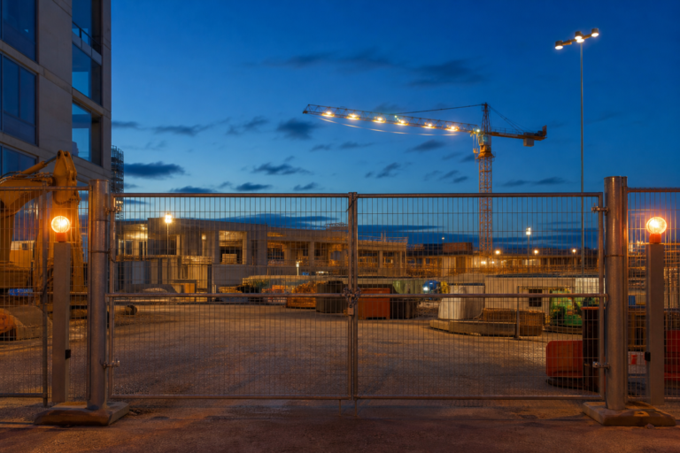Chantier sécurisé au crépuscule avec clôture et éclairage