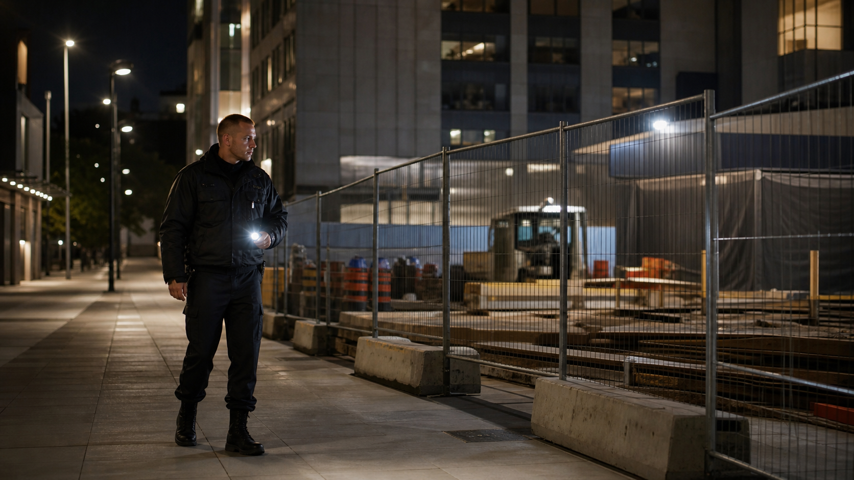 Chantier sécurisé de nuit avec éclairage, clôtures et surveillance