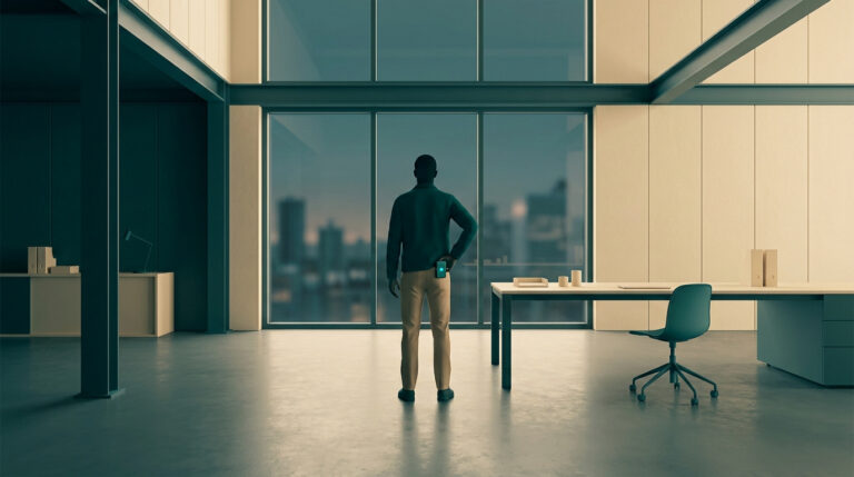 Un employé seul dans un grand bureau moderne regarde par la fenêtre, avec un boîtier d'alerte accroché à sa ceinture.