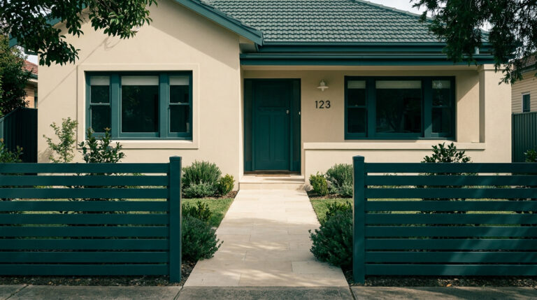 Maison beige avec une porte et une clôture vert foncé, allée centrale et jardin soigné.