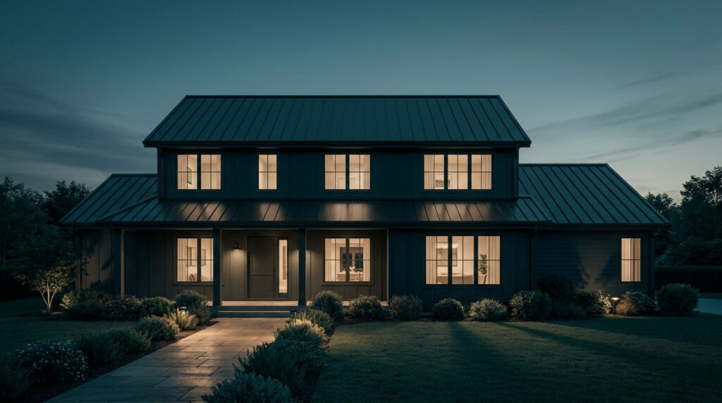 Maison individuelle moderne à deux étages avec lumières intérieures et extérieures allumées au crépuscule.