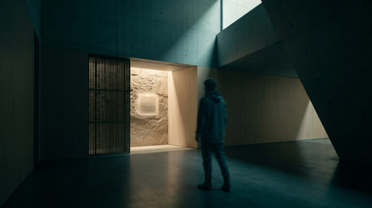 Silhouette floue d'une personne marchant dans un couloir architectural minimaliste en béton et bois.