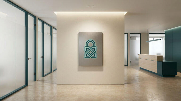 Un logo de cadenas stylisé sur une plaque métallique dans un hall d'accueil moderne avec des bureaux en verre.
