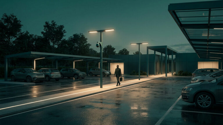 Un employé marche sur un parking d'entreprise moderne et sécurisé à la tombée de la nuit.