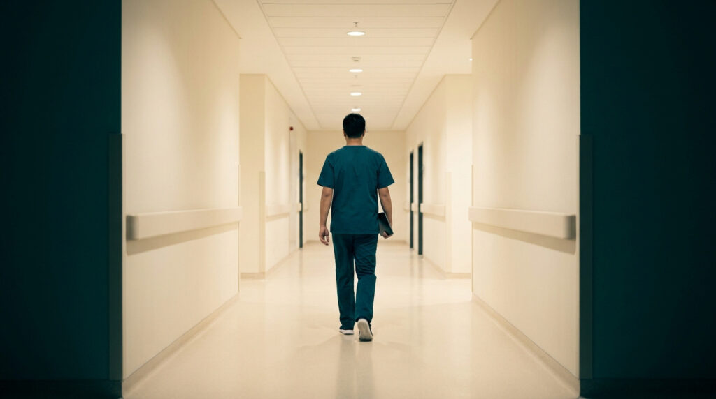 Un infirmier en tenue bleue marche seul dans un long couloir d'hôpital éclairé.