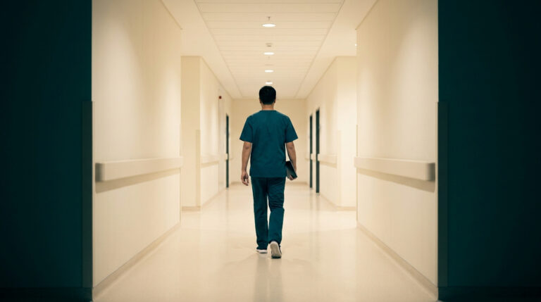 Un infirmier en tenue bleue marche seul dans un long couloir d'hôpital éclairé.