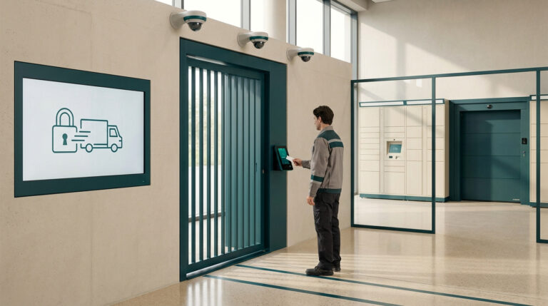 Employé utilisant un badge pour déverrouiller un accès sécurisé dans un hall d'entreprise moderne.