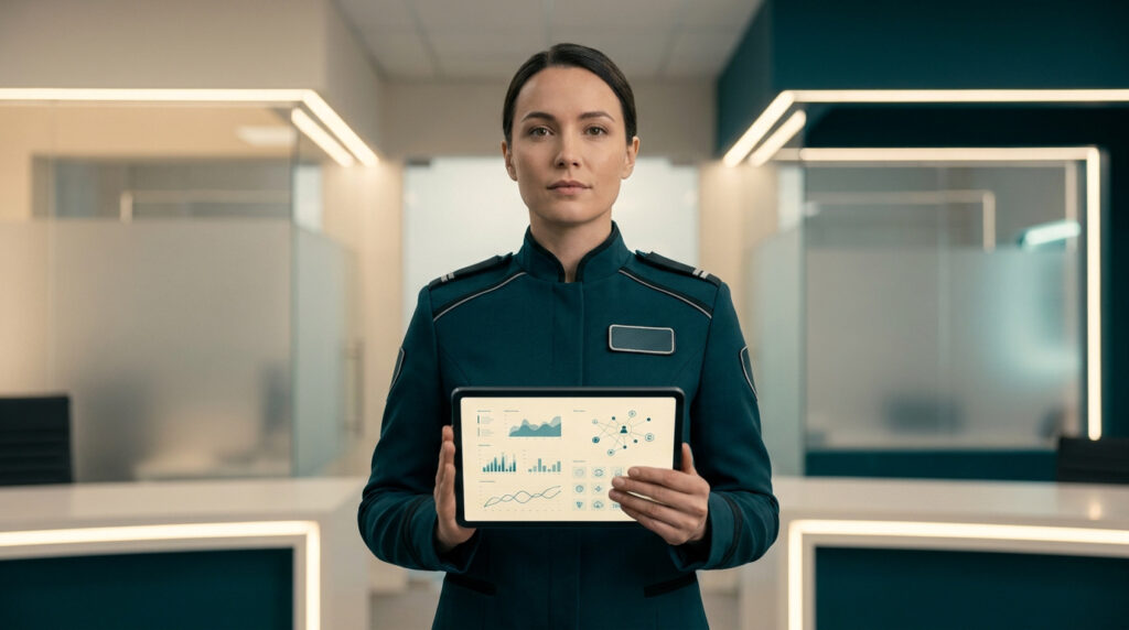 Une agente de sécurité en uniforme tient une tablette affichant des données et des graphiques de suivi.