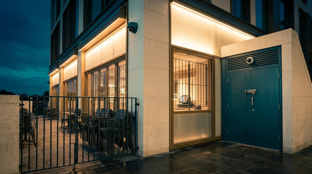 Façade de restaurant sécurisée par des caméras, une grille métallique et une porte renforcée la nuit.