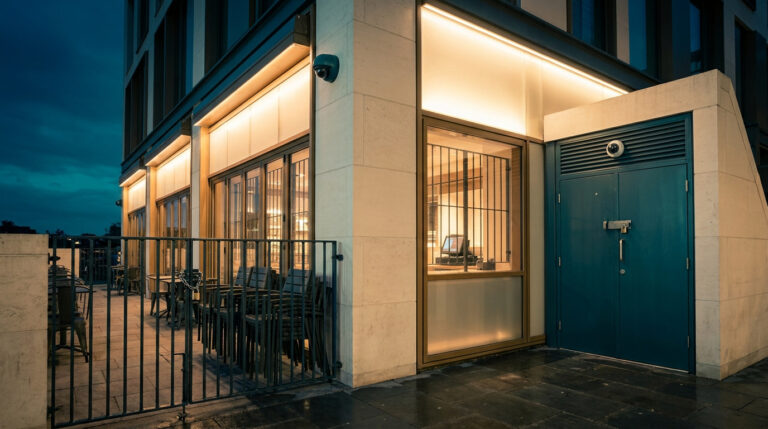 Façade de restaurant sécurisée par des caméras, une grille métallique et une porte renforcée la nuit.