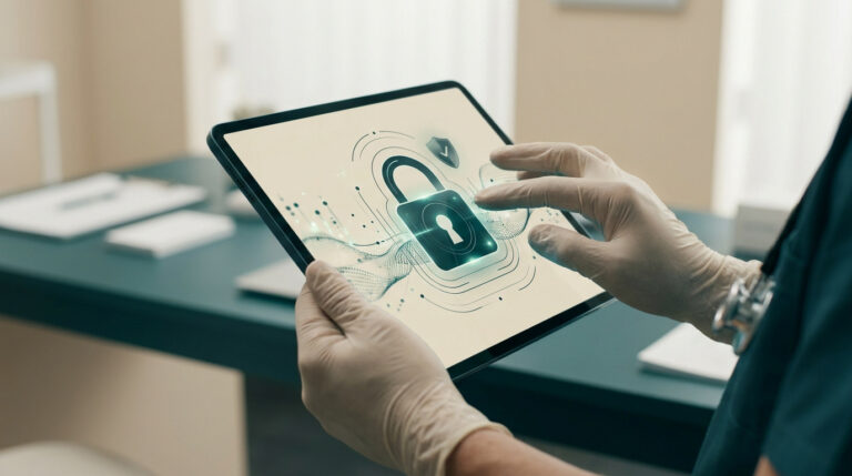 Médecin avec gants chirurgicaux utilisant une tablette affichant un cadenas de sécurité numérique.