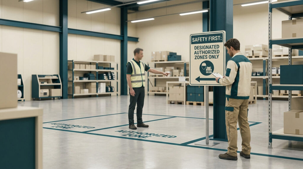 Deux employés d'entrepôt discutent devant un panneau de sécurité signalant les zones autorisées au sol.