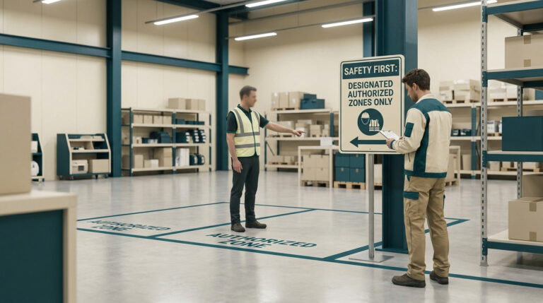 Deux employés d'entrepôt discutent devant un panneau de sécurité signalant les zones autorisées au sol.