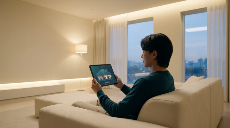 Un homme assis sur un canapé utilise une tablette pour surveiller le flux vidéo de ses caméras de sécurité à domicile.