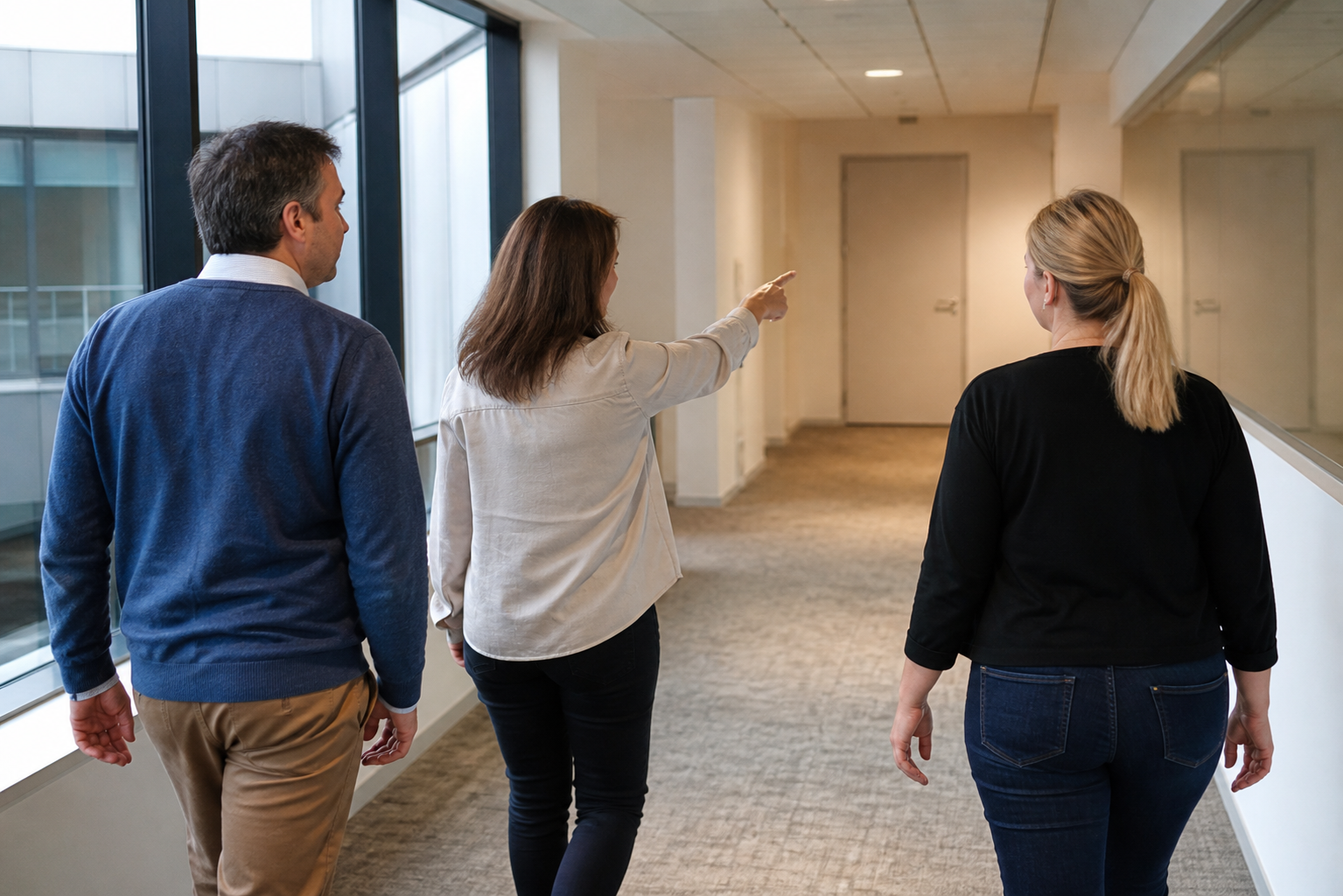 Trois collègues parcourent un couloir de bureaux pour repérer le chemin d'évacuation