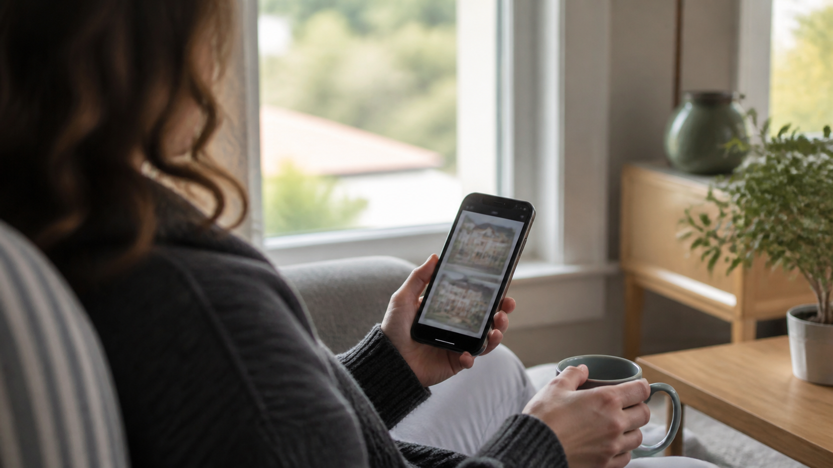 Personne consultant à distance l’état d’une maison secondaire sur son téléphone