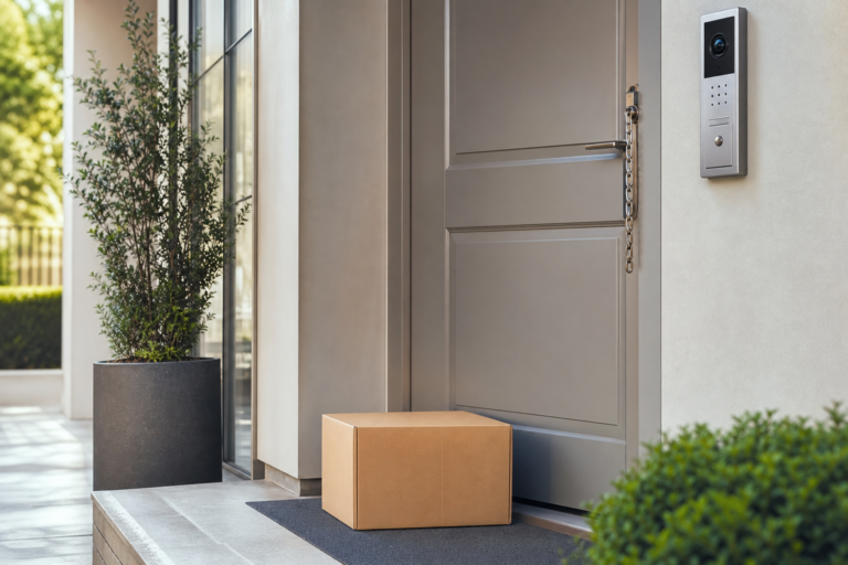 entrée de maison moderne avec colis devant une porte
