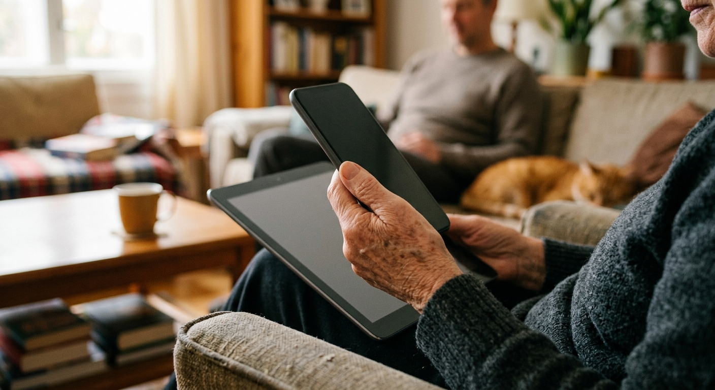 Mains d'une personne âgée tenant un smartphone et une tablette