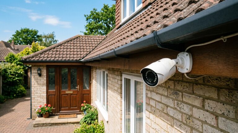 Caméra de vidéosurveillance fixée sous l'avancée du toit d'une maison