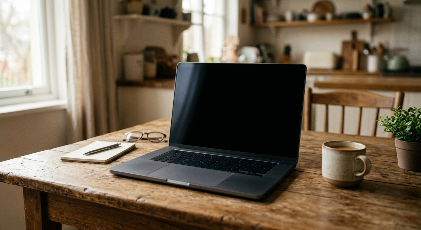 Ordinateur portable ouvert sur un bureau familial, écran éteint