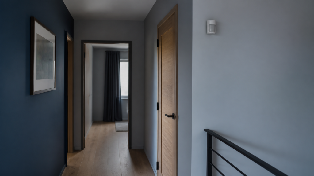 Détecteur discret sur le mur d'un couloir de maison éclairée au calme