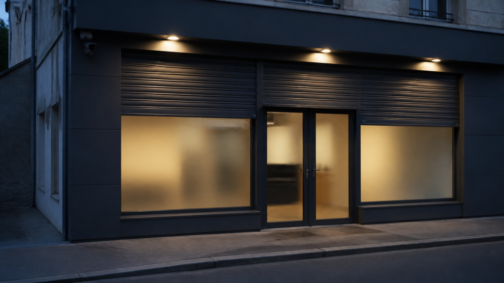 Façade d'un local professionnel surveillé à la nuit tombée, caméra murale discrète près de l'entrée