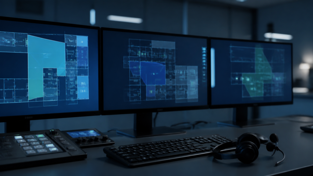 Poste de supervision de télésurveillance avec écrans affichant des plans d'étage abstraits
