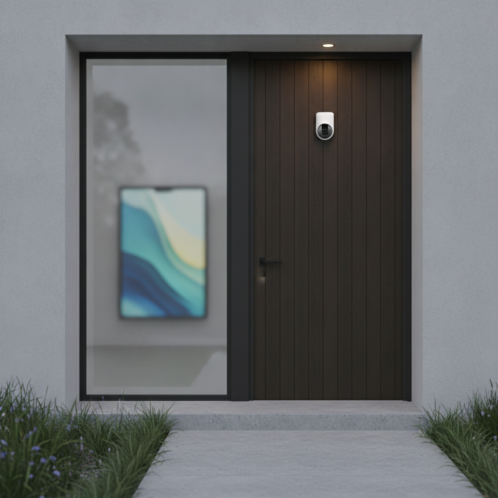 Caméra connectée installée près d’une entrée de maison avec écran de contrôle en arrière-plan