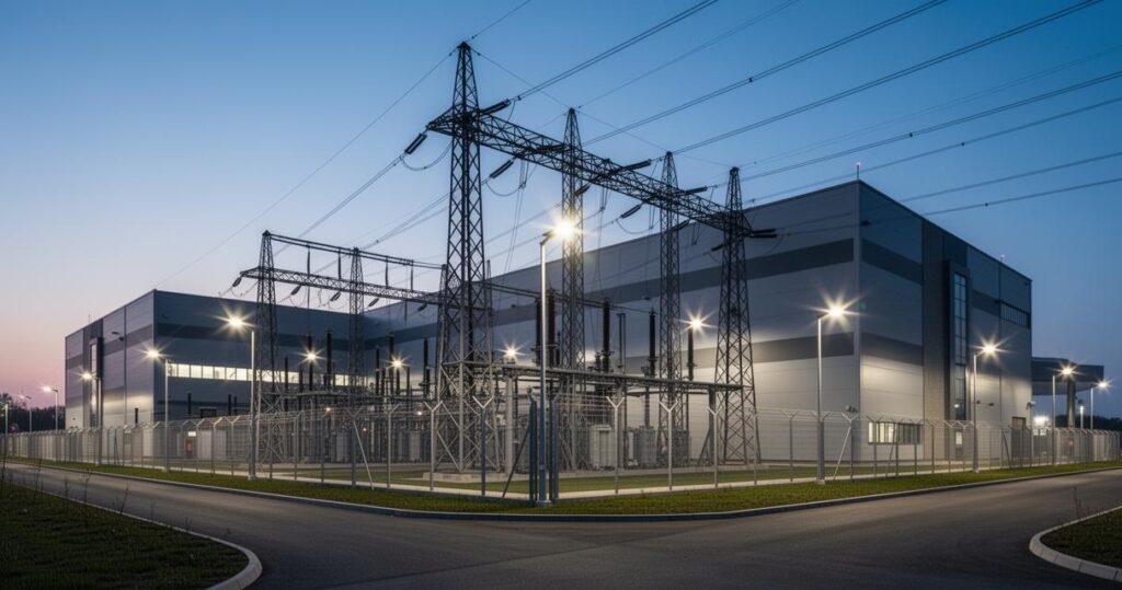 Sous-station électrique clôturée, avec pylônes et transformateurs
