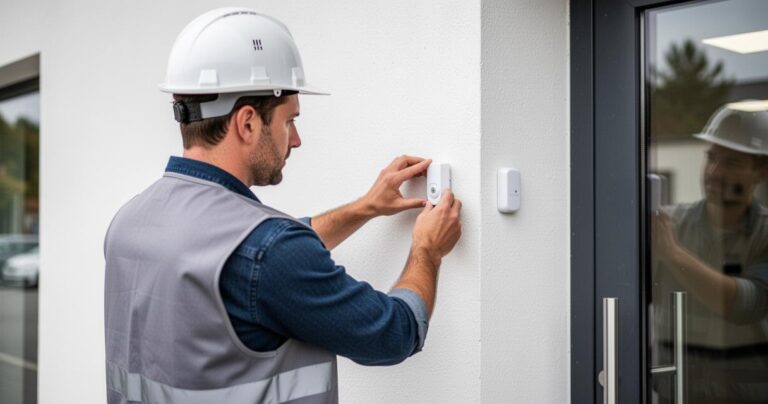 Technicien qui fixe un boîtier de contrôle d'accès sur la façade d'un bâtiment