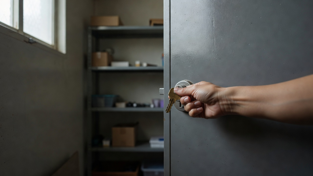 Main refermant à clé la porte de service d'une réserve de commerce