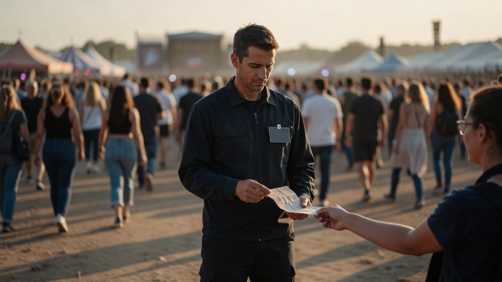Agent de sécurité CQP contrôlant les accès à l'entrée d'un festival en plein air