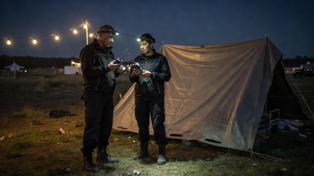 Deux agents de sécurité échangent les consignes de surveillance à la nuit tombée sur un site événementiel