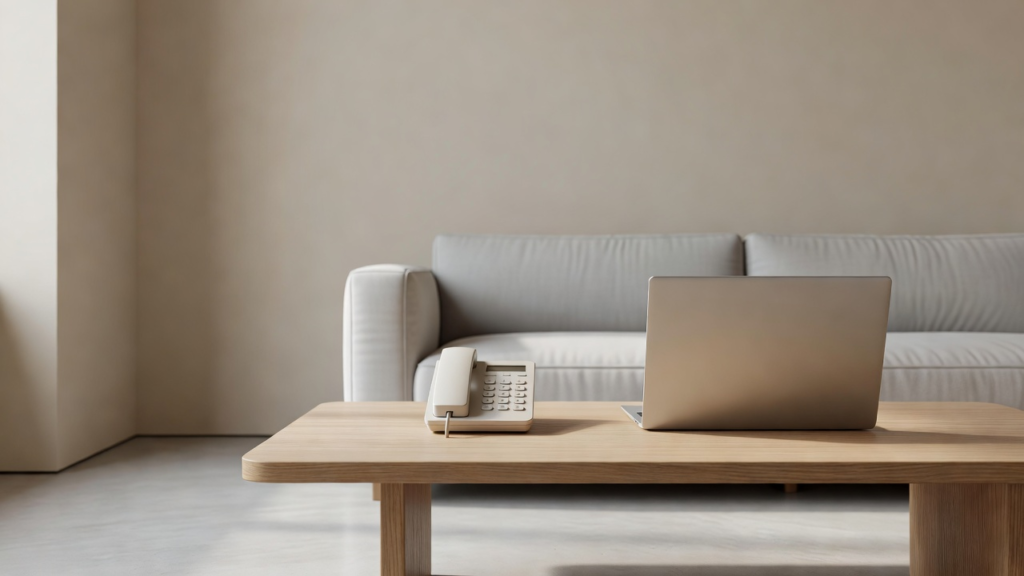 Téléphone et ordinateur portable fermés sur une table basse d'un salon éclairé