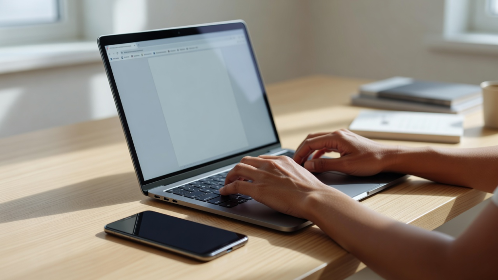 Mains d'adulte devant un ordinateur portable ouvert et un téléphone éteint sur un bureau lumineux