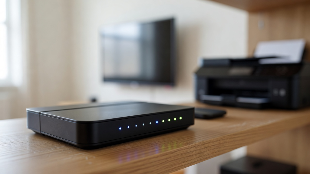 Gros plan sur une box internet domestique posée sur une étagère, avec des appareils du foyer en arrière-plan flou
